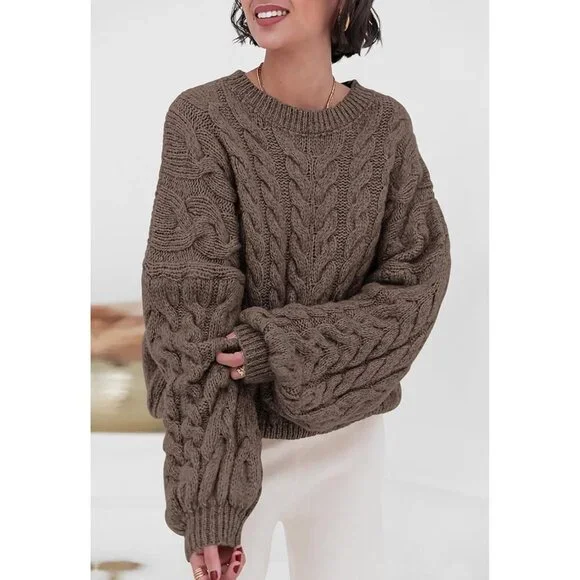 Women's Deep Brown Spring Fall Cable Knit Long Sleeve Crewneck Oversized Sweater - Picture 3 of 6